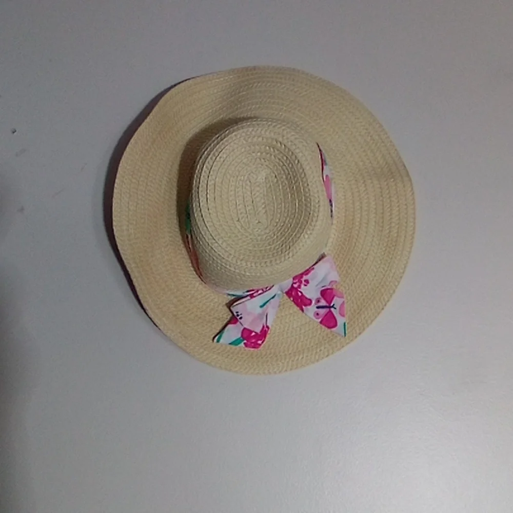 Gymboree Cream Straw Sun Hat with Pink Floral Tie 2T-3T